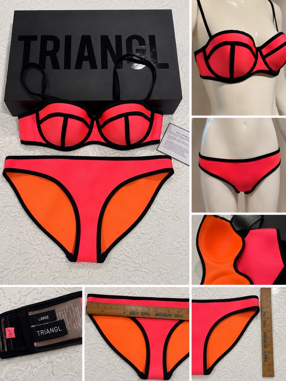 👙 TRIANGL Neon Pink & Orange Neoprene Bikini Set Size Large